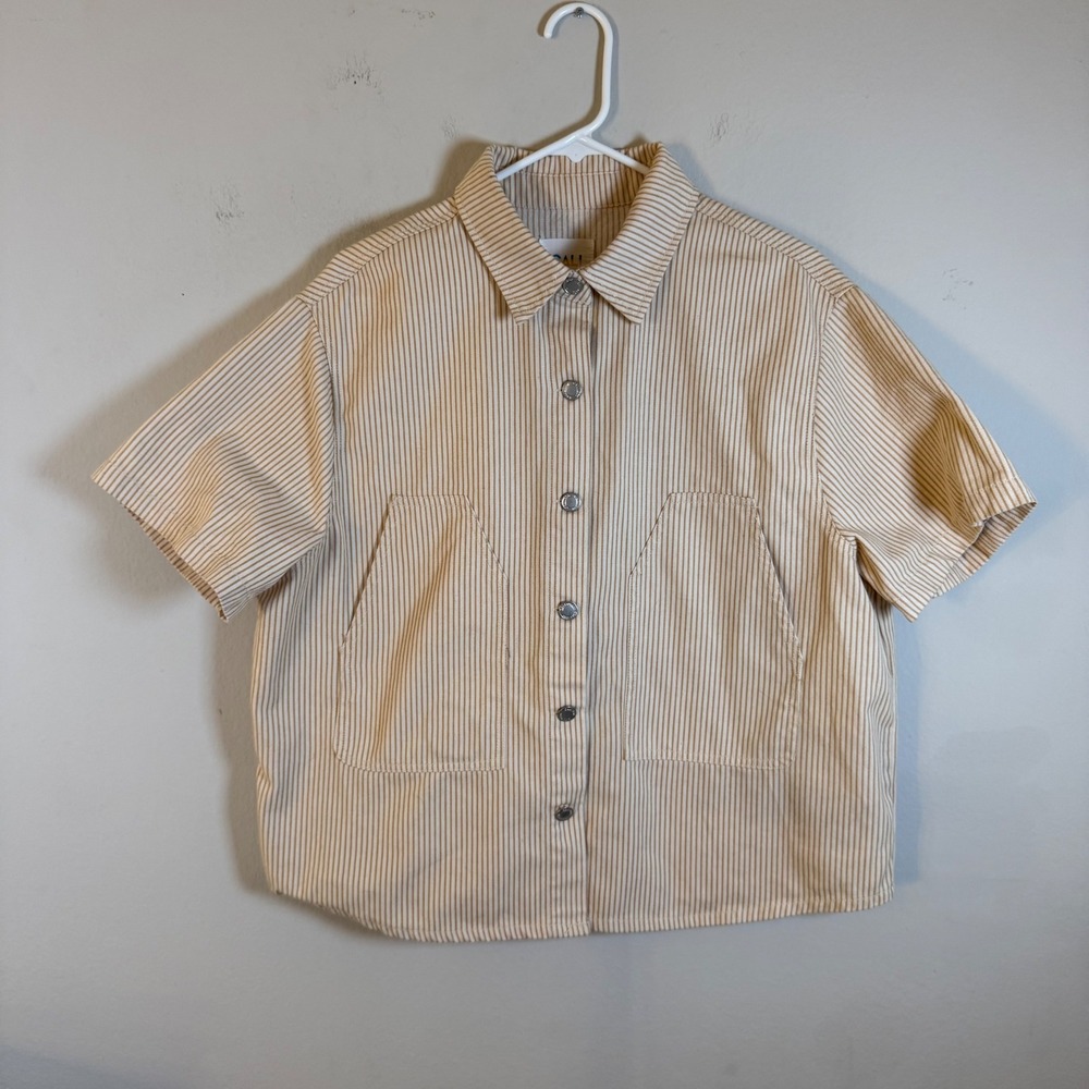 Cali‎ 1850 Womens Tan White Pinstripe Short Sleeve Boxy Button Down Shirt Large
